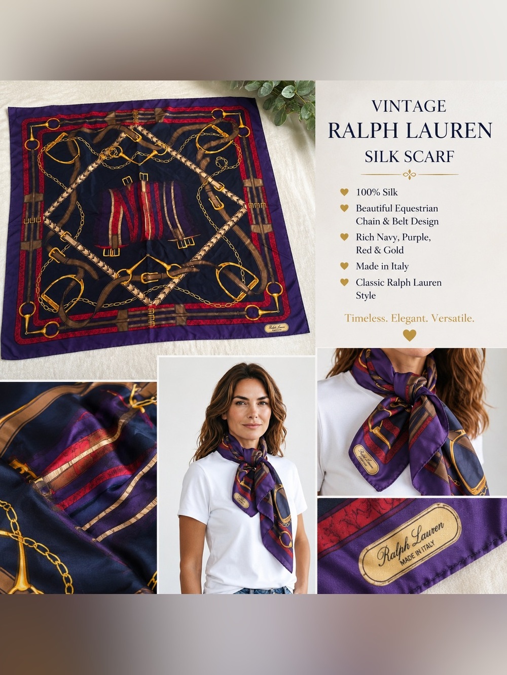 Vintage Ralph Lauren Large Square Colorful Silk Scarf Equestrian Horse Bit 33"